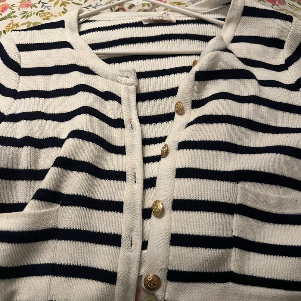 Jessica Simpson Navy and White Striped Cardigan with Gold Buttons